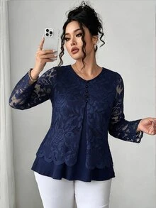 Elenzga Plus Size Round Neck Lace Patchwork Asymmetrical Hem Black Button Fashion Elegant Vintage Women's Casual Home Commute Comfortable Top Fall - Royal Blue - View 4