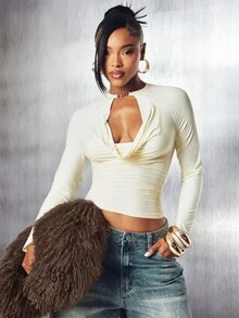 Denimoi Body Hugging Long Sleeve Sexy Tops Cowl Neck Top Fashion GNO Date Night Dinner Cold Weather - Beige - View 1