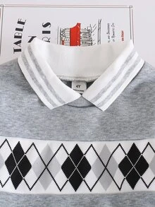 2件組男孩春秋 Polo 領長袖上衣與純色慢跑長褲套裝，寬鬆落肩版型，適合日常穿著、上學、戶外活動、家庭聚會、拍照，男孩套裝 - 灰色 - 查看 4