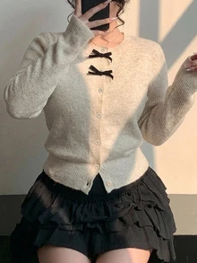 Dazy Plus Women's Elegant Contrast Color Bow Cardigan Sweater, Versatile Autumn Top - Apricot - View 1