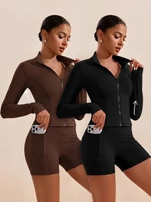 VARSIVA Women's 4-Piece Zipper Waist-Cinched Long Sleeve Top And Shorts Sports Set - Multicolor - View 1