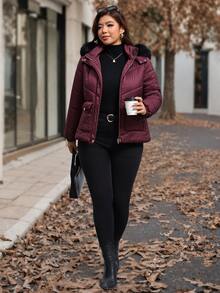 Reflora Plus Size Winter Zipper Pocket Long Sleeve Hooded Padded Coat - Burgundy - View 6