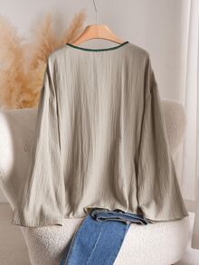 CosyJoli Plus Size Women Front Knot Dropped Shoulder Long Sleeve Loose Casual Shirt Fall - Light Grey - View 2