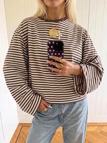 SHEIN EZwear 海外長袖香草巧克力條紋上衣，秋季上衣，適合日常通勤、聚會、秋冬/夏季、聖誕節、新年、感恩節、派對、婚禮、海灘、畢業典禮、優雅、外出、約會、通勤、情人節、優雅、度假、Y2K、畢業典禮等場合 - 彩色 - 查看 4