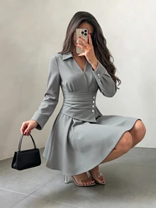 Modelyn Women's Elegant Casual Versatile Light Gray V-Neck Shirt Sleeve Waist Panel Button Design Short Dress For Spring And Autumn, Suitable For Daily Wear And Parties - Light Grey - View 7