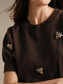 Anewsta 女款秋冬深棕色優雅花瓣袖鑲鑽針織上衣，早午餐穿搭、海灘度假穿搭、派對約會晚裝襯衫 - 咖啡棕 - 查看 2