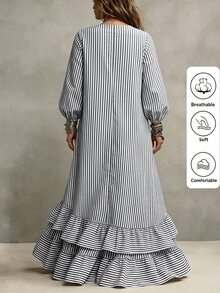 Linhara CURVE 2026新款大尺碼休閒條紋圓領長袖燈籠袖拼接荷葉邊長洋裝 - 黑色 - 查看 2