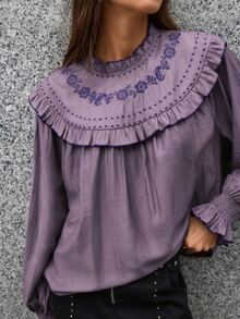 Nöista Blus Longgar Berkerut dengan Bordir Bunga - Dusty Pink - View 5
