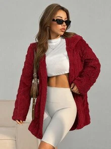 SHEIN EZwear 冬季寬鬆休閒白色凹凸毛絨落肩口袋拼接長袖連帽外套 - 酒紅色 - 查看 4