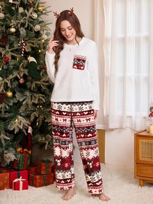 CoupledUp Women's Fashion Christmas Style Printed Long Sleeve Long Pants Comfortable Flannel Fabric Pajama Set - White - View 2