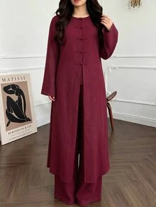 SHEIN LUNE CURVE New Middle East Plus Size Casual Women's Long Top With Frog Button Decoration And Straight Leg Pants 2 Pieces Set Fall - Burgundy - View 5