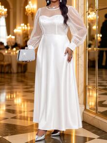Fleurora Women Plus Size Contrast Mesh Beaded Decor Round Neck Long Sleeve Dress - Khaki - View 4