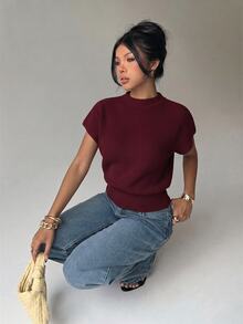 Aloruh Women's Casual Commuting Simple Solid Color Funnel Neck Batwing Sleeve Wide Hem Knit Top - Burgundy - View 7