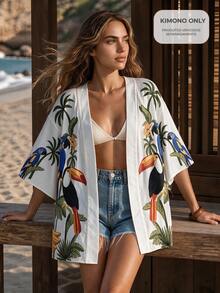 CAJUNI Women's Bird & Floral Pattern Casual Daily Kimono Cover Up - Multicolor - View 9