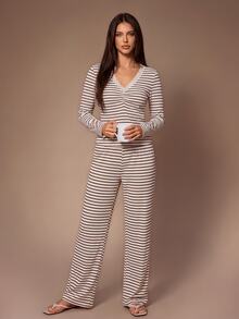 Lazeform Apricot Brown Ribbed Ribbed V-Neck Lace Trim Top And Straight Leg Pants Women's Loungewear 2 Pieces Set - Multicolor - View 6