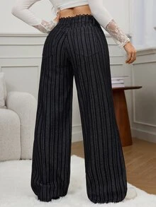 SHEIN MOD Celana Jeans Denim Kasual Bergaris Kancing untuk Wanita Ukuran Besar, Cocok untuk Pemakaian Sehari-hari - Hitam - View 6