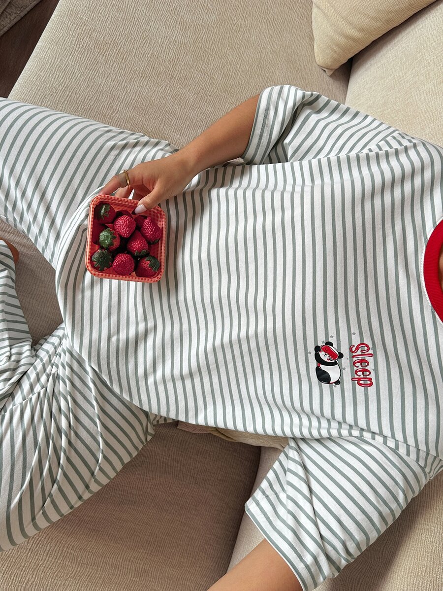 Dazy Plus Spring Summer Autumn Pattern Print Colorblock Striped Loose Long Pants 2pcs Pajama Set - White - View 1