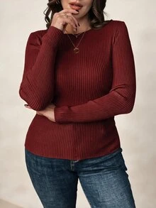 SHEIN Clasi 大尺碼女款淺杏色船領長袖基礎層針織衫，秋冬基本款套頭衫 - 酒紅色 - 查看 3