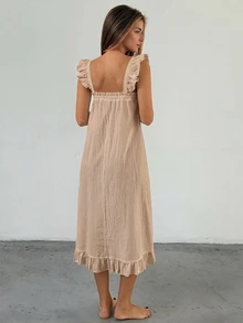 Livesso 女款純色無袖長洋裝，荷葉邊拼接睡袍 - 卡其色 - 查看 2