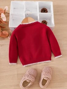 SHEIN Cardigan Rajut Leher V Motif Pita Lucu untuk Bayi Perempuan Warna Merah, Cocok untuk Musim Gugur/Dingin, Cocok untuk Liburan, Natal, Sweater, Gaya Musim Gugur Terbaru - MultiWarna - View 2