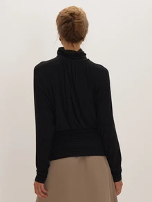 MUSEYN Black Jersey High Neck Cinched Waist Ruched Top Versatile Everyday Date Night Chic New Season Fall - Black - View 4