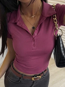 DAZY 女款領口短袖修身性感休閒套頭街頭風T恤 - 淡紫色 - 查看 1