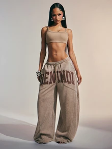 Denimoi Washed Sweatpants With Verbiage Fashionable Streetwear Baggy Barrel Airport Loungewear, Comfy Daily - Grey - View 2