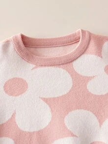 SHEIN Tween女孩針織毛衣套裝，芝麻底紋提花圓領套頭衫搭配百褶裙，柔軟舒適，適合日常穿著、外出、旅行、度假、托兒所及玩耍 - 粉色 - 查看 3