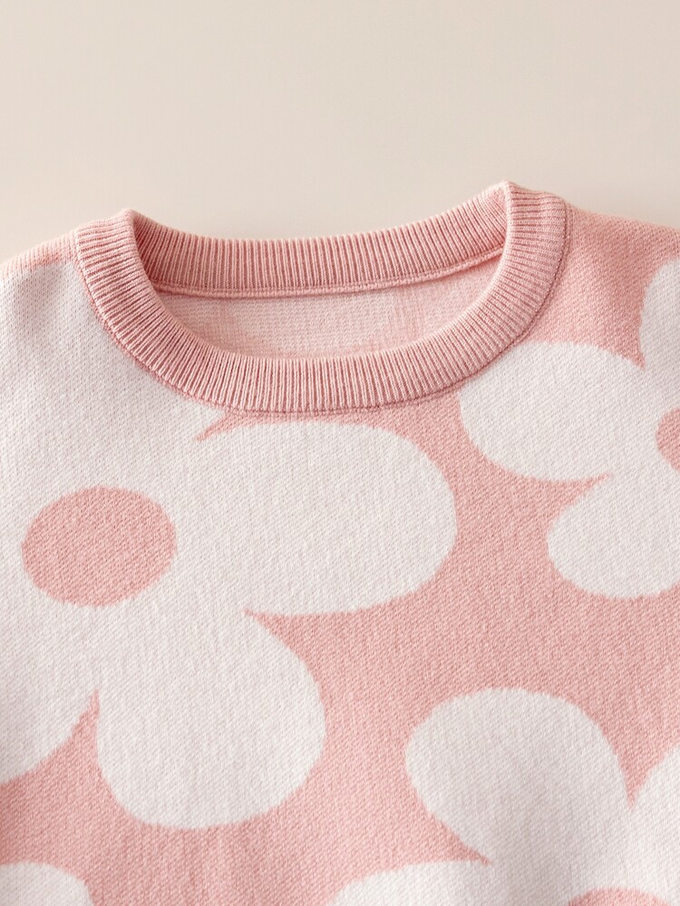 SHEIN Tween Girl) Sweater Set, Sesame Bottom Jacquard Round Neck Pullover With Pleated Skirt, Knitted Sweater Set, Soft And Comfortable, Suitable For Daily Wear, Outings, Travel, Vacation, Daycare, And Play - Pink - View 3