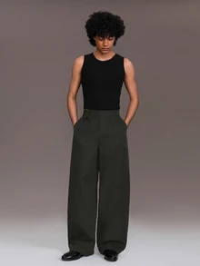 STYNVO Men's Solid Color Metal Buckle Waist Design Wide Leg Long Pants With Pockets - Dark Grey - View 3