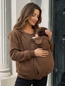SHEIN Solid Color Long Sleeve 3-In-1 Maternity Jacket For Home Pregnancy Vacation, Autumn/Winter Brown Dressy Baggy - Coffee Brown - View 4