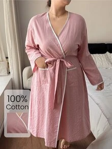 Napfluff CURVE Napfluff CURVE Minimalist Contrast Trim Tie Waist Plus Size Double Pocket Women's Robe - Pink - View 3