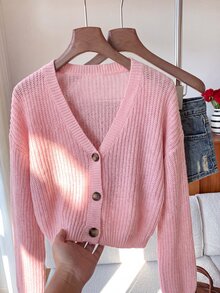 SHEIN EZwear 純色鈕扣前開襟羅紋針織開襟衫，長袖上衣，秋冬針織毛衣 - 淺粉色 - 查看 6