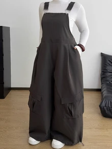 POPSWAY Plus Size Women's Casual Commute Minimalist Utility Woven Grey Jumpsuit - Grey - View 6