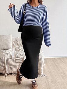 SHEIN 2件套：羅根袖條紋上衣與純色修身孕婦套裝，適合秋季 - 藏蓝色 - 查看 5