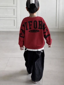 SHEIN Little Byeori 1件青少年男孩休閒學院風舒適時尚極簡街頭風寬鬆版實用百搭大字母圖案厚款衛衣，適合日常穿著、上學、旅行、運動，秋冬款 - 紅色 - 查看 6