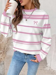 SHEIN LUNE 大尺碼條紋拼色長袖運動衫，適合日常穿著 - 彩色 - 查看 3
