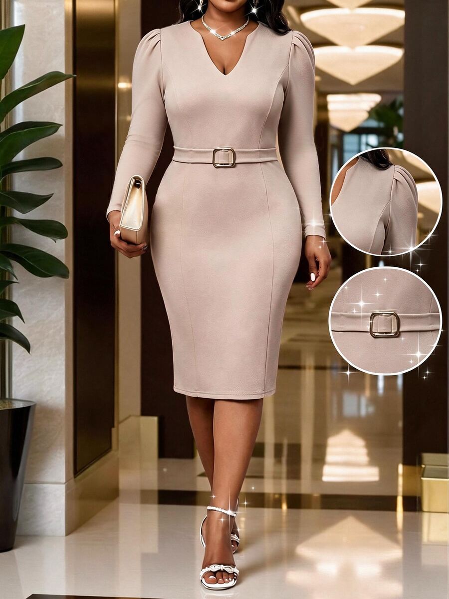 SHEIN Lady Plus Size Women Solid Color Casual Elegant Daily Summer Dress Fall Cocktail Party Beige - Apricot - View 1