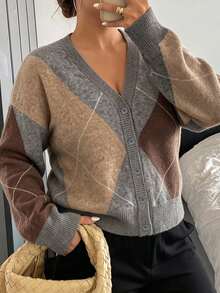 Dazy Plus Plaid Loose Long Sleeve V-Neck Vintage Cardigan Sweater - Khaki - View 1