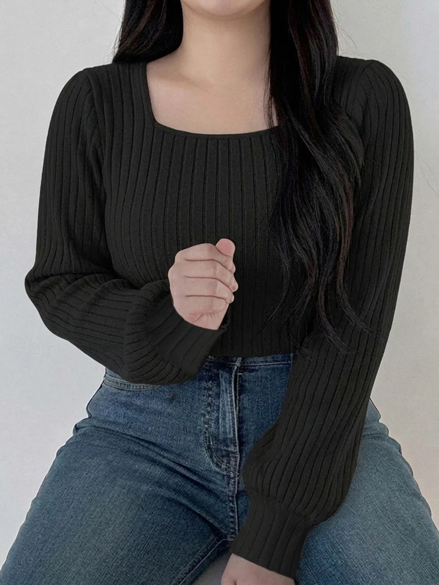 Dazy Plus Solid Color Square Neck Fitted Lantern Sleeve Long Sleeve T-Shirt Spring Summer Autumn - Black - View 1