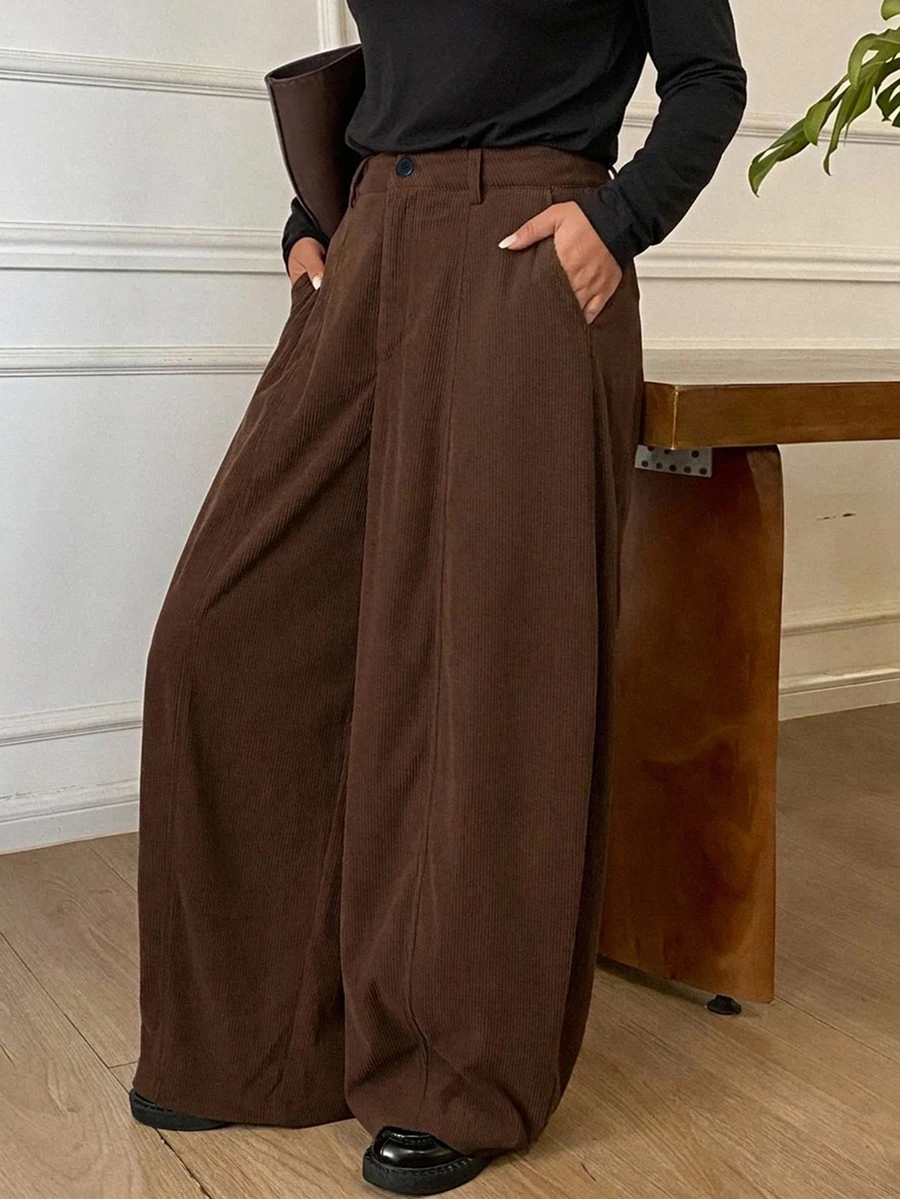 Dazy Plus Solid Color Corduroy Belt Curved Leg Casual Vacation Autumn/Winter Long Pants - Brown - View 1