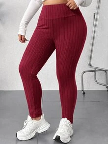 SHEIN EZwear 大尺碼休閒百搭高腰黑色緊身褲，夏季穿搭，女性沙灘穿搭，夏季度假穿搭，度假穿搭 - 酒紅色 - 查看 5