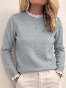 Sprig & Strand 春夏休閒舒適優雅女款針織套頭毛衣，純色長袖圓領蕾絲拼接，適合辦公通勤穿著 - 灰色 - 查看 1