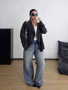 POPSWAY Plus Size Casual Waterfall Collar Ribbed Knit Cardigan, Loose Long Sleeve OpenFront Solid Dark Grey Knitted Jacket - Grey - View 6
