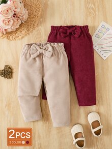 SHEIN Vintaside Kids 2件組幼童女童燈芯絨長褲 可愛甜美 紅酒色與米色 蝴蝶結 羅紋彈性腰頭 常規版 假日秋季公主風 舒適時尚 - 彩色 - 查看 1