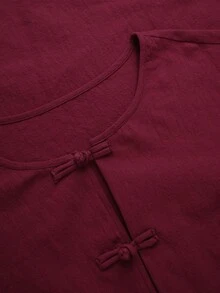 SHEIN LUNE CURVE New Middle East Plus Size Casual Women's Long Top With Frog Button Decoration And Straight Leg Pants 2 Pieces Set Fall - Burgundy - View 6