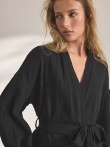 Ocili Leisure Pure Cotton Double Layer Crepe Fabric Minimalist Comfortable Neutral Soft Long Sleeve Robe Pajamas Women's Loungewear - Black - View 5