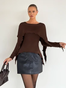 Siren Gaze Women's Solid Color Faux Two-Piece Patchwork Casual Daily Long Sleeve T-Shirt - Brown - View 5