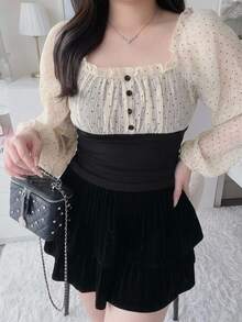 Dazy Plus Colorblock Patchwork Chiffon Polka Dot Sexy Korean Style Long Sleeve Design T-Shirt - Black - View 4