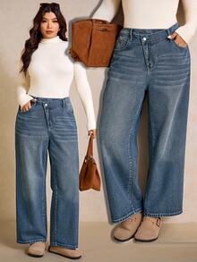 SHEIN MOD Celana Jeans Denim Kasual Sehari-hari Wanita Ukuran Besar dengan Saku dan Kancing - Medium Wash - View 1